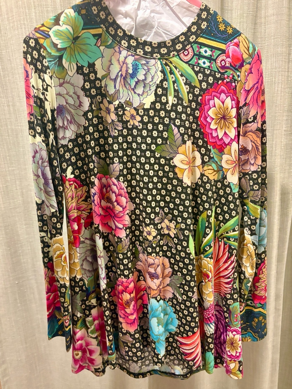 Johnny Was Black Floral Long Sleeve Tee with Multicolor Blooms